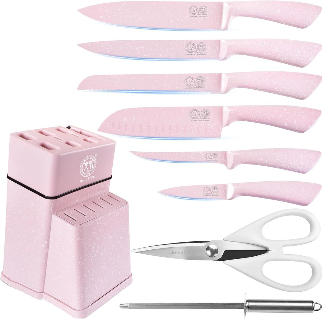 XYJ Knife Block Set, Pink Color, Stainless Steel Kitchen Knives With Knife Block Holder, Meat Cleaver, Professional Cooking Slicing Knife Kit for Master Chef, Kitchen Cutlery (9 in 1)