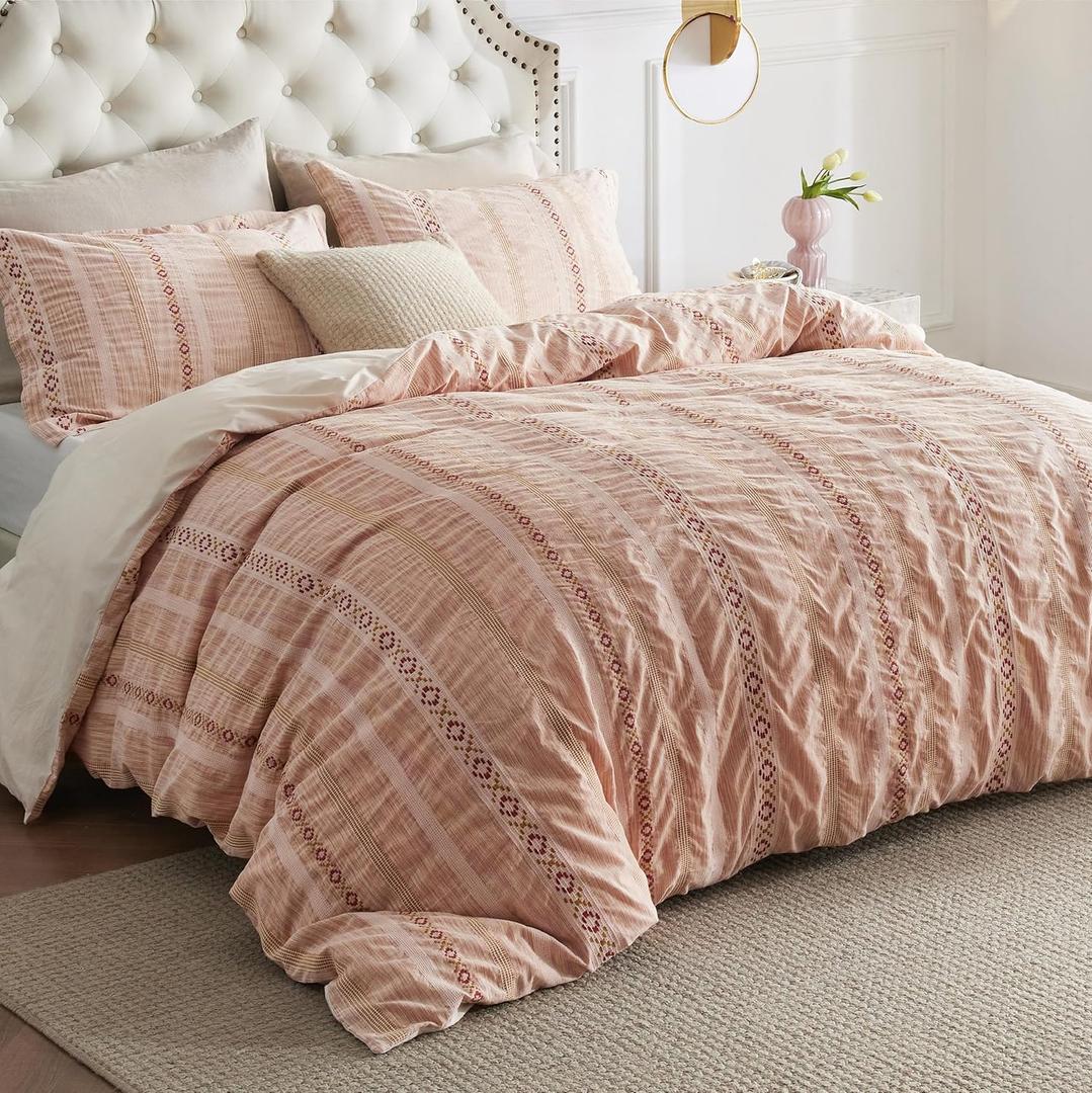 Bedsure Waffle King Size Comforter Set - Pink Soft Cotton Bedding Set for All Seasons, Stripe Fluffy Bed Set 3 Pieces with 1 Waffle Weave Comforter King Size and 2 Pillow Shams