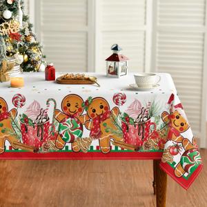 Horaldaily Christmas Tablecloth 6084 Inch Rectangular, Gingerbread Man Cute Christmas Bear Ball Ornaments Washable Table Cover for Party Picnic Dinner Decor (Red)