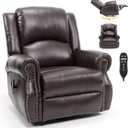 Classic Rivets Leather Recliner Chair for Living Rooms, Swivel Rocker Recliner Chair with Heat and Massage, Wall Hugger Glider Reclining Sofa for Small Spaces, Brown