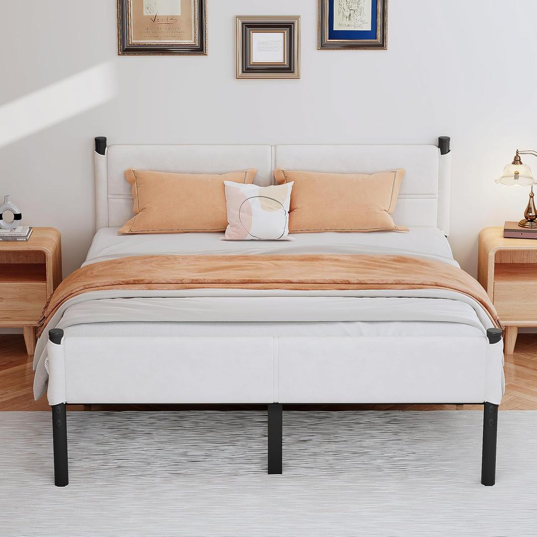 Metal Bed Frame,14Inch Queen Size Bed Frame with Storage Space,Heavy Duty Sturdy Mattress Foundation,Easy Assembly,No Box Spring Needed,Queen White
