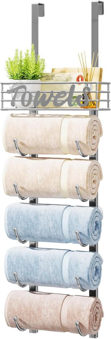 HapiRm Towel Racks for Bathroom Storage - 6 Tier Over The Door & Wall Mount Rolled Towel Storage Organizer Holder with Metal Shelf Basket for Small Bathroom, Camper, Rv - Sliver, Patented