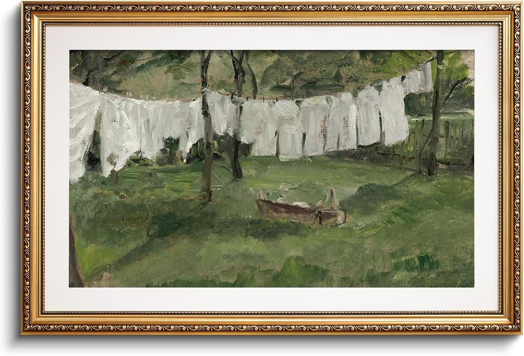 VIYYIEA Gold Framed Large Wall Art Canvas Print Home Decor Vintage Laundry Room Art Print Antique Oil Painting Country Landscape Wall Decor Farmhouse Pictures for Living Room Bedroom Gallery 24x36in (Drying White Clothes)