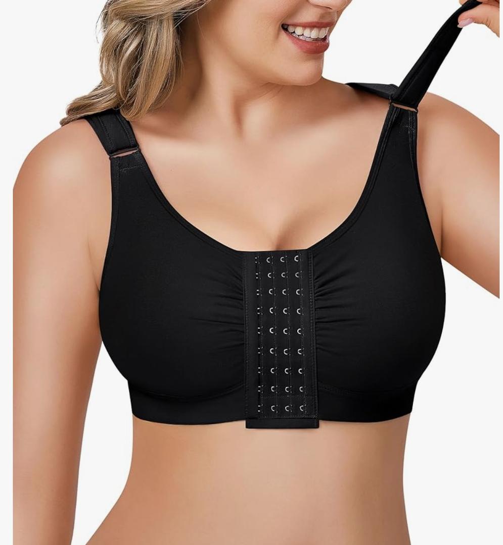 BRABIC Post Surgery Front Closure Bras for Women Full Coverage Compression Mastectomy Wireless Bra with Adjustable Straps, S, Black