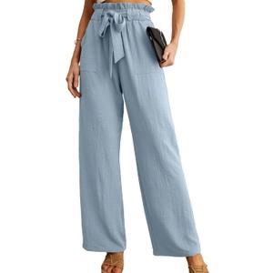 IWOLLENCE Women's Wide Leg Pants with Pockets High Waist Adjustable Knot Loose Casual Trousers Business Work Casual Pants Haze Blue, XX-Large