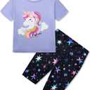 Girls Summer Outfits Cute Graphic Crewneck Short Sleeve T Shirts and Biker Shorts Set Colorful Athletic Outfit 11-12T