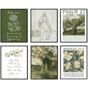 Aglcatie Green Christian Wall Art Poster Set of 6 Bible Verse Wall Decor Pictures Jesus Lamb Scripture Floral Canvas Prints Posters Religious Aesthetic Painting for Bedroom Bathroom 8x10in Unframed