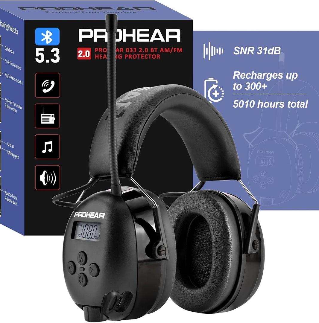 PROHEAR 033 Upgraded Bluetooth Hearing Protection AM FM Radio Headphones, 31SNR Noise Reduction Ear Muffs with LongLasting Stable Rechargeable Battery, 50 Hrs for Mowing Snowblowing, Black