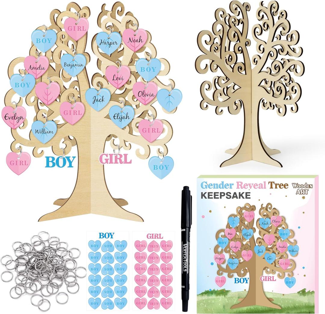 BeYumi Gender Reveal Wooden Keepsake - Heart Gender Reveal Wooden Tree Gift Set Baby Shower Guest Book Party Keepsake What Will Baby Be Boy or Girl 3D Wood Tree Decoration Party Ideas Supplies