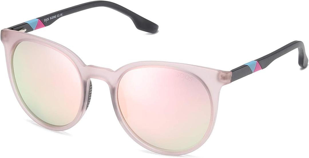 SOJOS Oversized Round Polarized Sports Sunglasses for Women Men, Ultralight TR90 Womens Mens Sport Sunglasses SJ2092 (Matte Crystal Greyish Pink/Pink Mirrored)