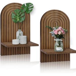 LIYAOLI Boho Shelves Bohemian Decorative, Vintage Wall Shelf Boho Chic Wall Decor for Living Room 2 Pieces 15 x 8.6 Inch Wooden Vintage Shelf Decor Hanging Shelves for Wall Mounted Candle Holder