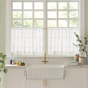 CUTEWIND Linen Kitchen Window Curtains Over Sink Rod Pocket 50 x 24 2 Sets Rustic Country Semi Sheer Light Filtering Curtains for Wide Bathroom Window Basement RV Ivory White