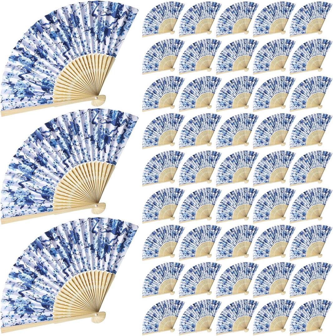 24 Pcs Chinoiserie Printed Hand Fan Summer Retro Paper Fans Blue and White Porcelain Folding Fans for Dancing, Party, Wedding Gifts, Home Decorations