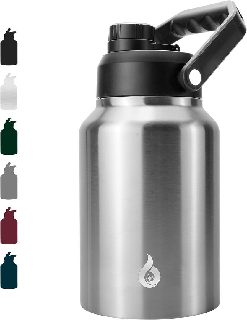 BJPKPK 64 oz Insulated Water Bottle, Dishwasher Safe Half Gallon Water Bottle with Ergonomic Handle, BPA Free Leak Proof Water Jug with Anti-slip Bottom, Stainless Steel Primary Color, 64oz, Stainless Steel