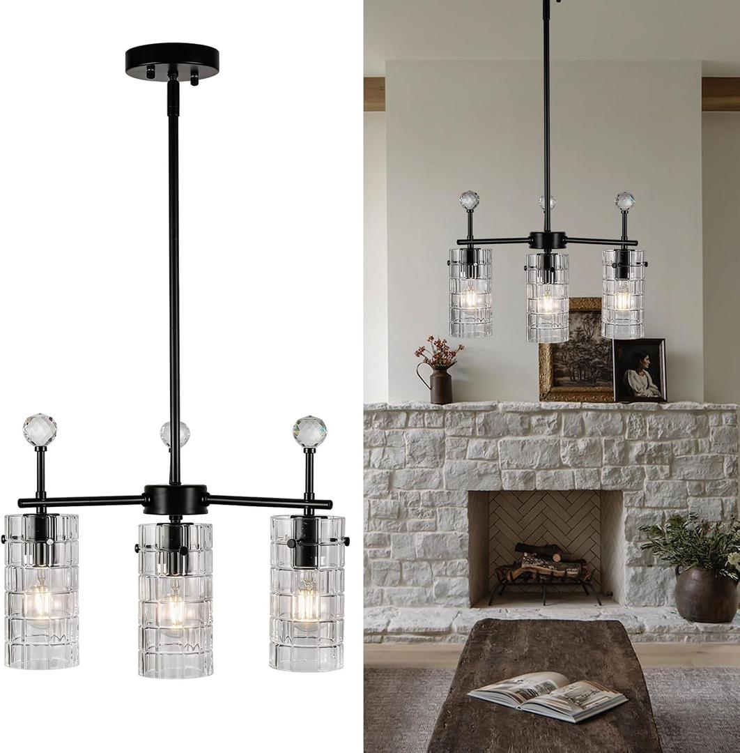 3-Light Black Glass Pendant Light, Adjustable Downrod