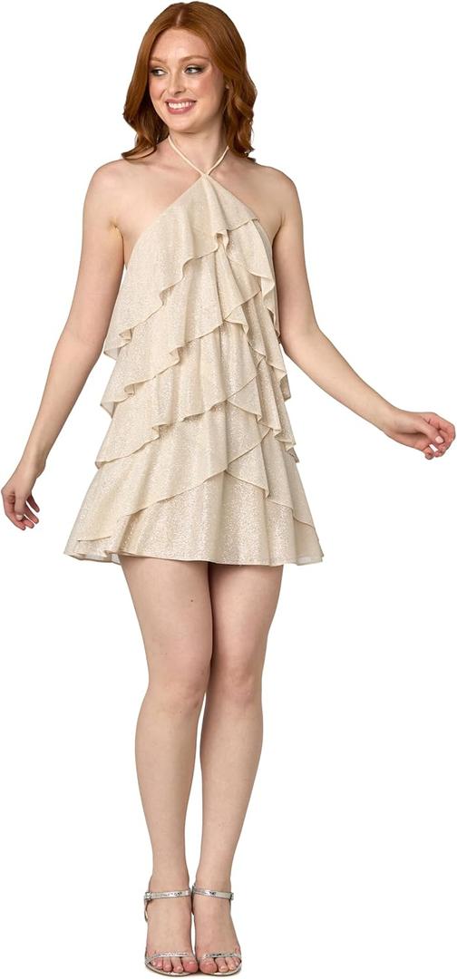 Juniors' Mini Glitter Lace Tiered Chiffon Dress W/Tie Neckline - Party, Homecoming or Special Occasion. (13, Champagne)