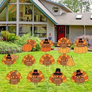 Thyle 12 Pcs Thanksgiving Yard Signs Fall Outdoor Decorations Waterproof Lawn Turkey and Pumpkin Signs with Stakes for Thanksgiving Autumn Outside Yard Garden Decor