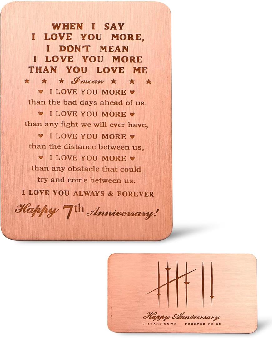 MagEnergy 7 Year Anniversary Card Gifts for Him, Handmade Copper Love Card for Husband, Romantic 7th Anniversary Card for Wife, 7th Wedding Wallet Card Gift