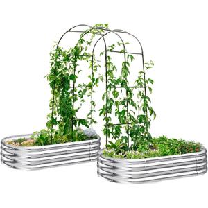 KING BIRD Raised Garden Bed with Arched Trellis Galvanized Planter Garden Box Outdoor for Gardening, Climbing Vegetables, Flowers 5.9x2.95x0.98 Ft 2PCS, Silver