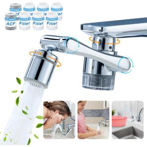 1080Swivel Filter Faucet Extender Aerator - 8 Pcs Replacement Water Filter, 1080+360Rotating Robotic Arm 2 Mode Splash Filter, Solid Brass Faucet Sprayer Universal For Bathroom Kitchen Laundry Sink