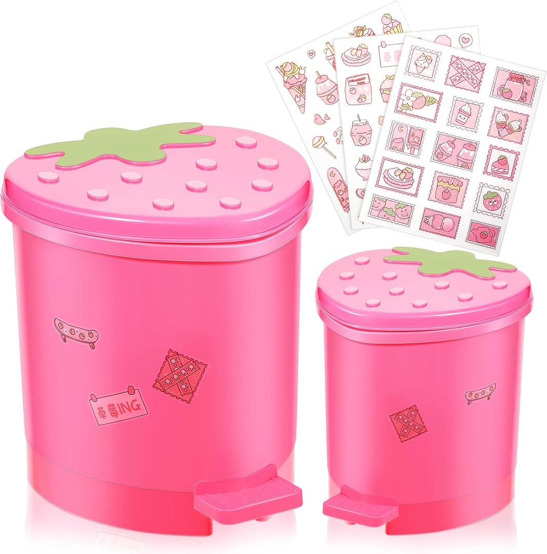 Tessco for you 2 Pieces Strawberry Desk Trash Can Cute Mini Countertop Trash Can with Lid Kawaii Small Garbage Plastic Waste Bin with Sticker for Car Office Home Bedroom Bathroom Kitchen Decor(Pink)