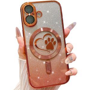 for iPhone 17 Case, Glitter Clear Cute Paw Love Heart, Compatible with MagSafe, Strong Magnetic Full Camera Lens Protection Cover, Soft Slim Bling Phone Case 6.3" - Orange