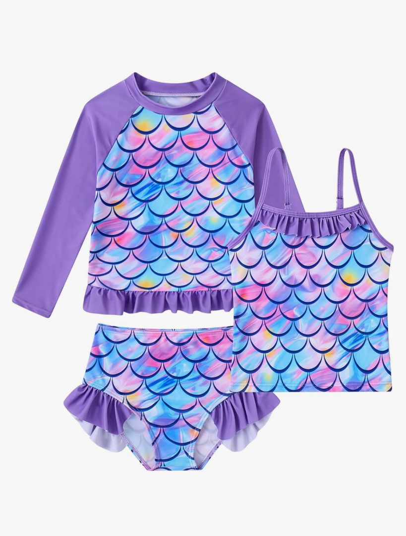 BFUSTYLE Girls Swimsuit 3 Pieces Rash Guard Kids Long Sleeves Bathing Suit 3-8 Years Sun Proction Swimwear Tankini, Purple