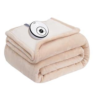 Sealy Electric Blanket Full Size 80"*84", Super Cozy Flannel to Sherpa Reversible Heated Blanket Full Size with 10 Heating Levels & 1-12 Hours Auto Off Overheating Protection Machine Washable, Beige