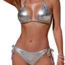 Womens Triangle Halter Metallic Gold Bikini Sets Dual Straps Side Tie Two Piece Bathing Suit Sexy String Swimsuit Swimwear (Small)