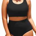 Aqua Eve Plus Size Two Piece High Waisted Bikini Swimsuits Scoop Neck Bikini Set Sporty Bathing Suits (Black, XL)