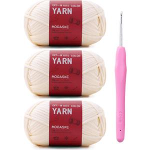 2 x 3 Pack (3 x 50g) Crochet Yarn with Crochet Hook - Worsted Medium Yarn for Crocheting - Easy-to-See Stitches Cotton-Nylon Blend Beginner Knitting Yarns for Adults and Kids (Milky White)
