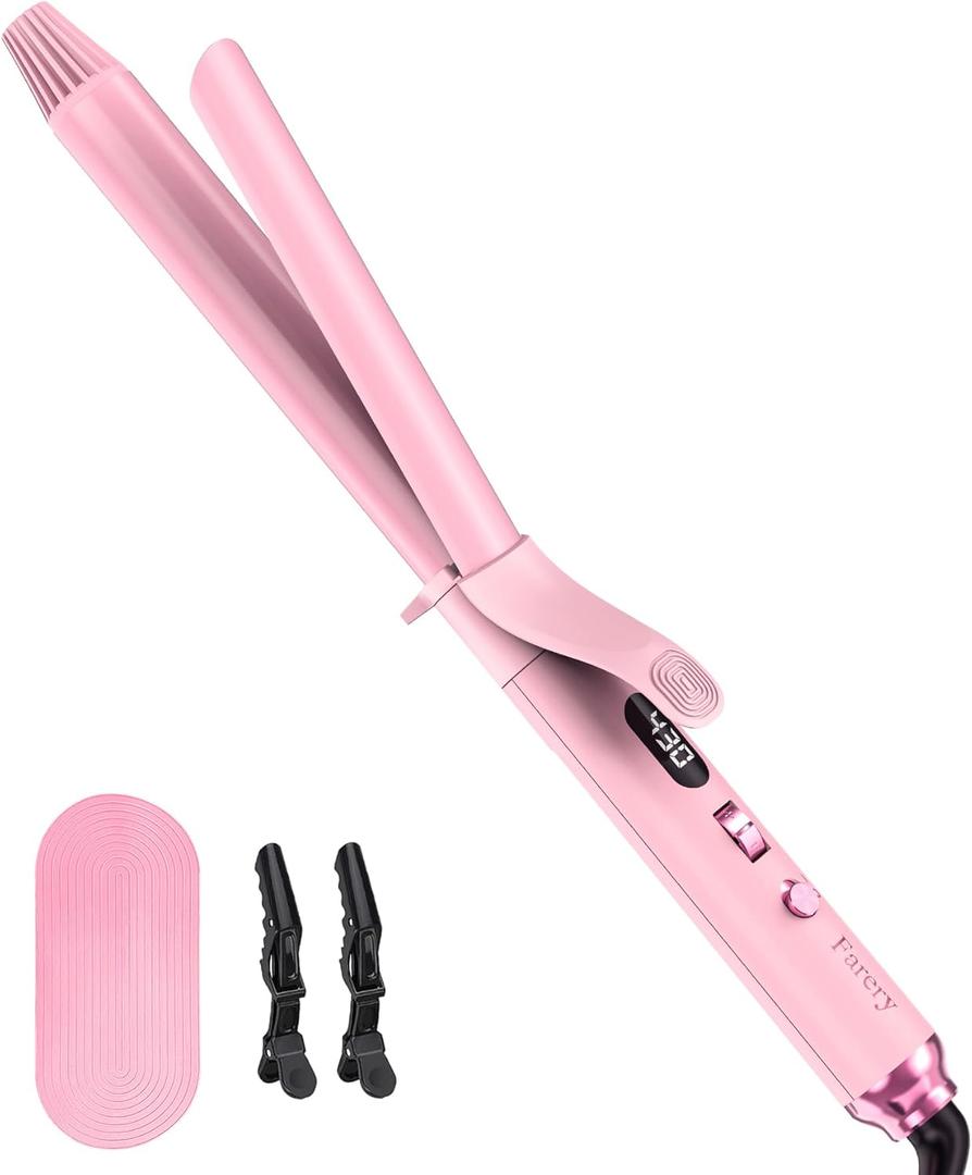 FARERY Long Barrel Curling Iron 1 Inch, Extra Long Curling Iron for Thin Hair, Infused Argan Oil & Keratin, 11 Adjustable Temp, Include Clips & Silicone Pad, Pink