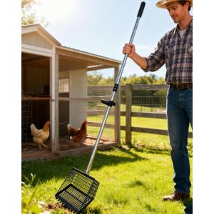 Chicken Poop Scooper & Rake 2-in-1, Adjustable 35"-65" Stainless Steel Handle, Heavy Duty Metal Black Shovel Head for Chicken Coop Cleaning, Pet Waste, Cat Litter Sifting