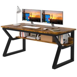 Aevum azn 55 inch Computer Desk with Storage Shelf, K-Shaped Office Desk with Sturdy Metal Frame, Writing Gaming Work Desk with Waterproof Surface for Home Office & Bedroom, Rustic Brown 20"D x 55"W x 28.5"H