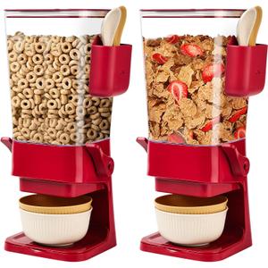 Cereal Dispenser Countertop Red 2 Pack with Creal Bowls Spoons Cutlery Box, Cereal Containers Storage - Not Easy to Crush Food, Dry Food Dispenser For Pantry Candy Snack (Red - 2pack)