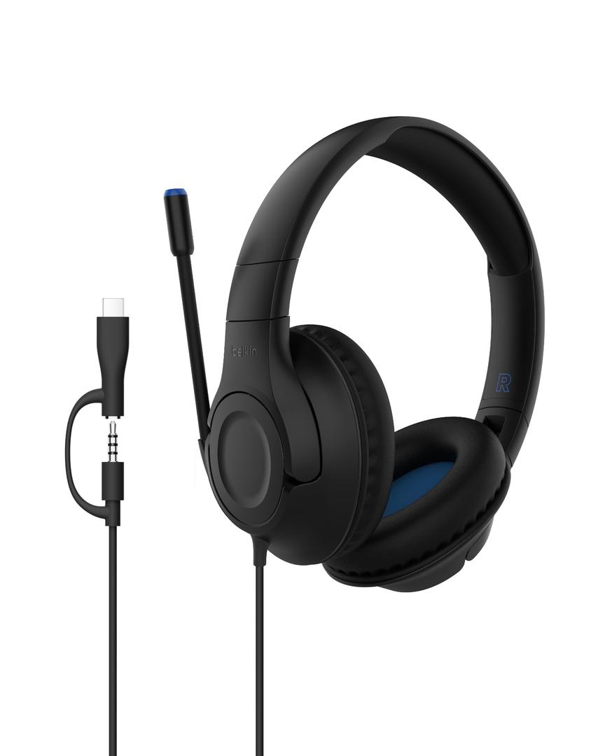 Belkin Sound Form Inspire Wired Over-Ear Headset for Kids, Online Learning & Travel w/Built-in Boom Mic, 85dB Safe Volume Limit - USB-C & 3.5mm - Compatible w/iPhone, iPad, Galaxy & More - Black