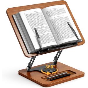 Book Stand for Reading, 360 Rotating Hands Free Book Holder, Adjustable Height and Angle, Page Clip for Cookbook, Recipe, Magazine, Laptop,Tablet, Foldable for Kitchen, Office, School