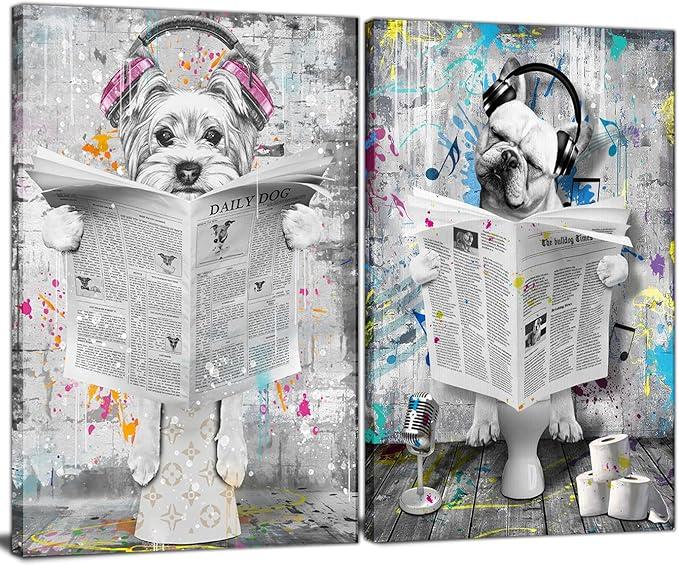 Funny Dog Bathroom Wall Art - Set Of 2 Framed Canvas Prints - Humorous Black and White Toilet Decor With Headphones Bulldog and Yorkie - Funny Bathroom Decor For Restroom Bedroom Wall 16x24in