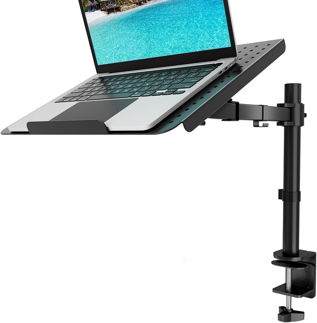 WALI Laptop Tray Desk Mount for 1 Laptop Notebook up to 17 inch, Fully Adjustable, 22 lbs Capacity with Vented Cooling Platform Stand (M00LP) (Black)