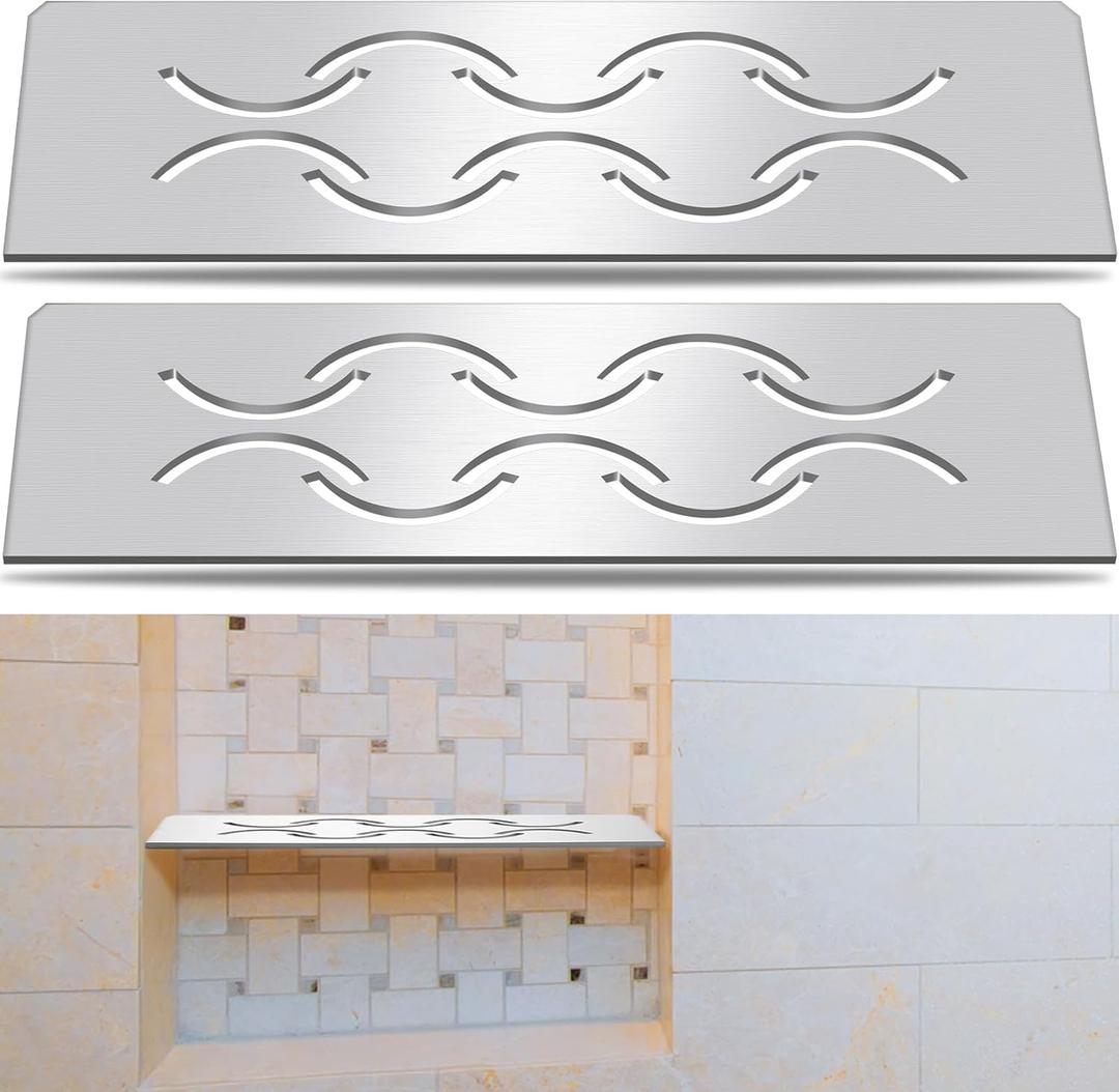 Teenyyou 2 Pack Niche Rectangular Shelf for 12 Prefabricated Board Niche Fits 5/32 Grout Line, 4mm Thick, Bathroom Wave Design, Marine Grade Brushed 316 Stainless Steel