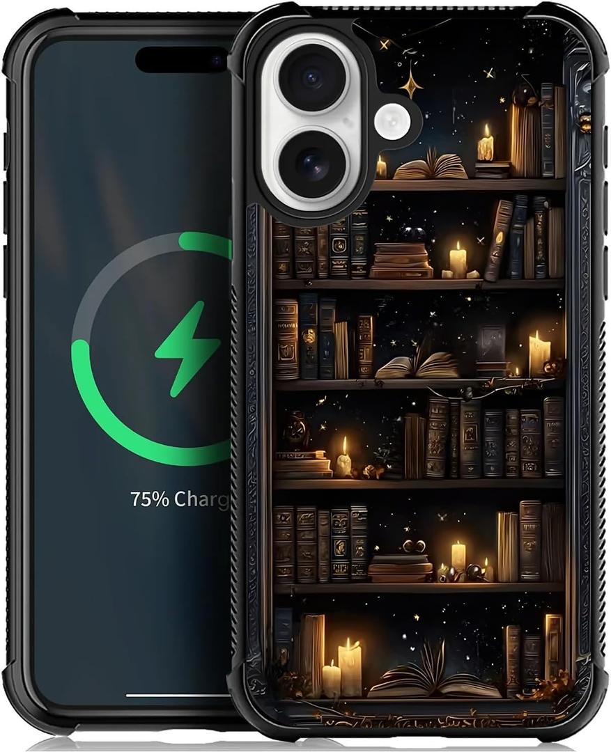 for iPhone 17 Magnetic Case, Compatible with Magsafe Pattern Cover Bookshelf Books