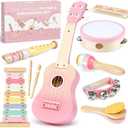 Pink Kids Guitar Set - 8 in 1 Toddler Musical Instruments,Montessori Wooden Ukulele Xylophone Tambourine Maracas Flute,Toy Guitar for Toddler Girl Ages 1-3, Toddler Girl Gifts for 2 Year Old
