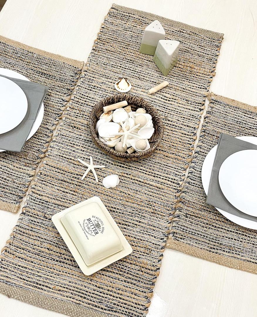 Chardin home Natural Jute Table Runner 13x36 Inch  Vintage Boho Rustic Table Decor  Handwoven Table Runner in Natural Jute and Grey  Farmhouse Dining or Console Table Accent