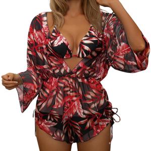 3 Piece Swimsuits for Women Sexy Leaf Print Bikini Set Mesh Cover Up Tropical Swimsuits XS-XXL (Large, Red Black)