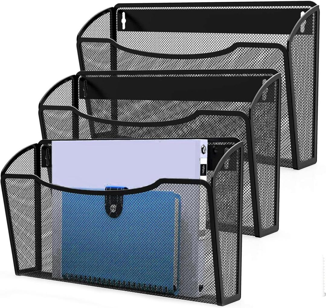 MINDEPOT Wall File Organizer 3 Pack - Heavy Duty Iron Office File Holder for Wall Mount - Hanging Document Organizer for Business, Classroom, Home Office (Black)