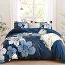 DJY 3 Pieces Duvet Cover Set King Navy Blue Floral Pattern Comforter Cover Elegant Boho Floral Duvet Cover with 2 Pillow Cases Lightweight Microfiber Bedding Duvet Cover Set All Season 90"x 104"