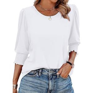 XIEERDUO Blouses for Women Dressy Casual 3/4 Length Sleeve Womens Tops with Smocked Cuffs, L, White