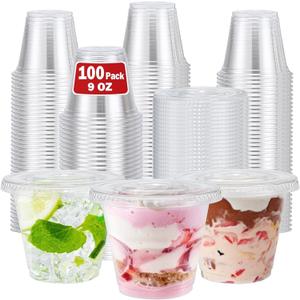 100 Pack 9 oz Clear Plastic Cups with Lids, Disposable Dessert Cup, Fruit Cup, Clear PET Cups for Cake, Cold Drink, Ice Cream, Salad