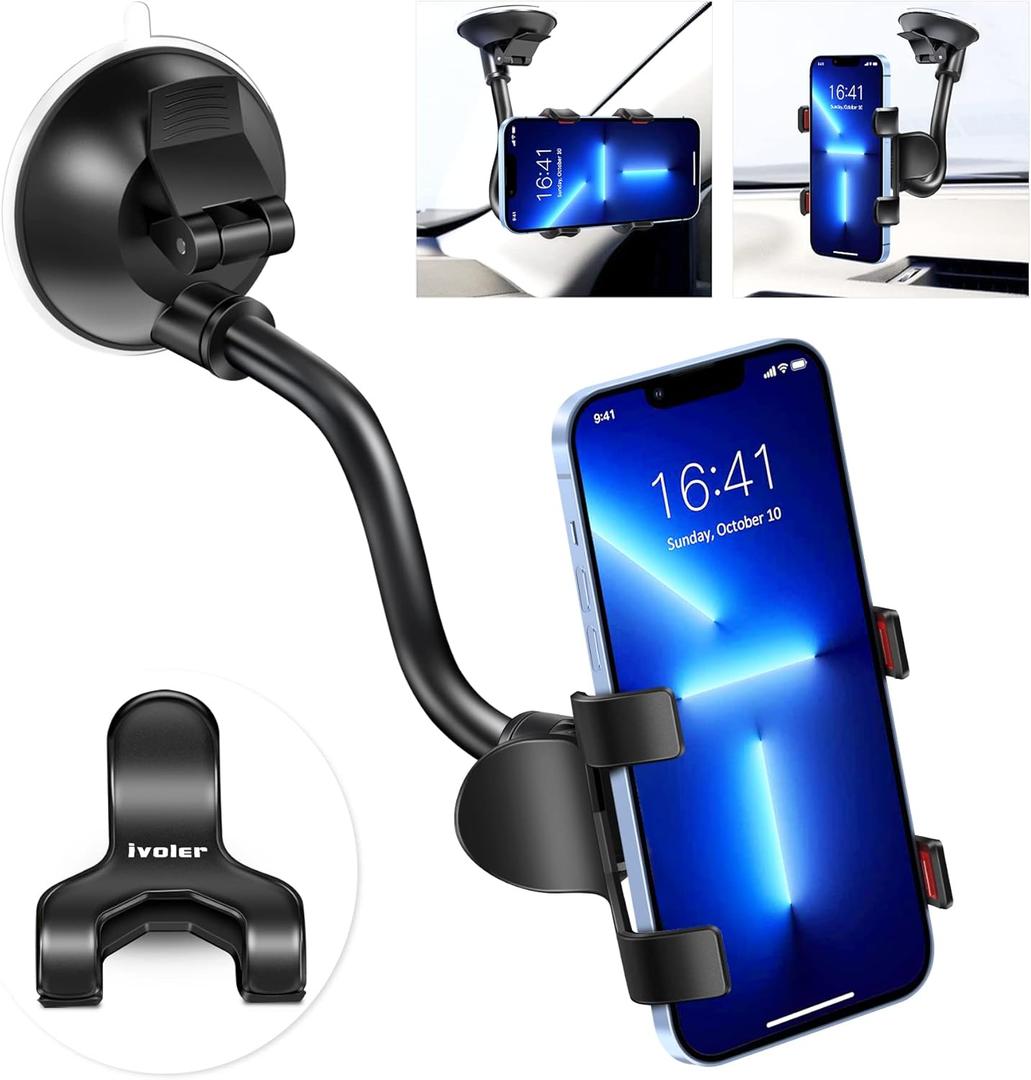Ivoler Car Phone Mount Windshield, Long Arm Clamp Universal Windshield with Double Clip Strong Suction Cup Cell Phone Holder Compatible with iPhone 15 14 13 Pro Max XS 7 8 Plus, Galaxy S24 S23 Ultra