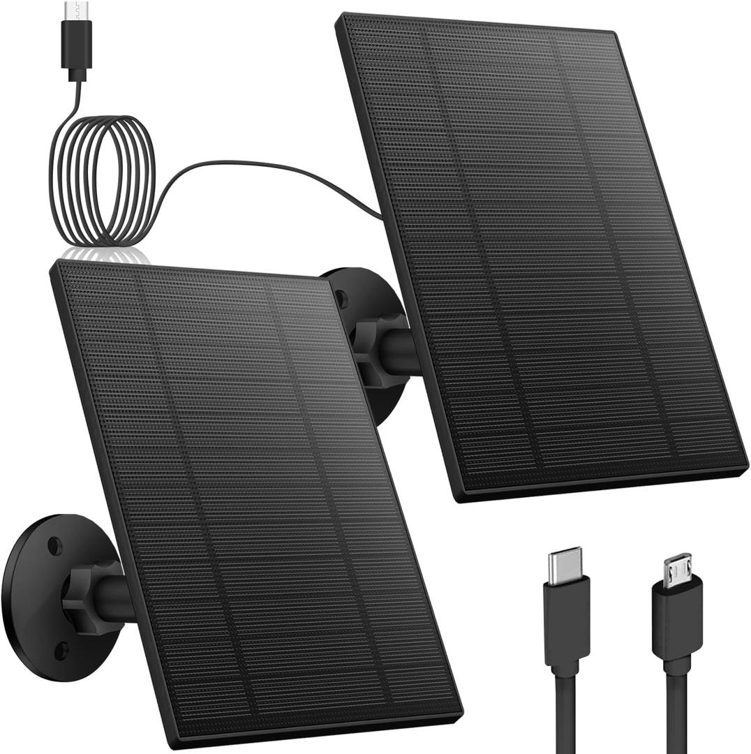 2PC 5W Solar Panel for Security Camera, Solar Panel with Micro USB & USB-C Port for DC 5V Outdoor Rechargeable Battery Camera, IP65 Waterproof, 360 Adjustable Security Mount, 9.8ft Cable(Black)